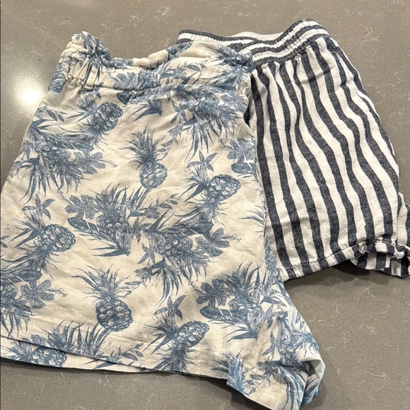 Two Pair - Cream and Blue Linen Blend Shorts with Tropical Print - Picture 3 of 5
